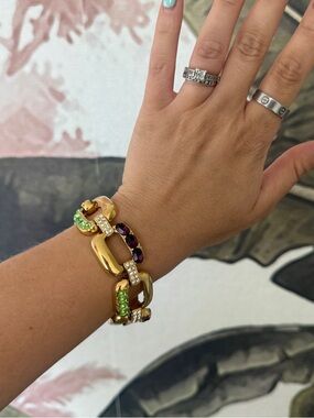 Gold wide chain link bracelet with multi coloured gemstones Swarovski elements